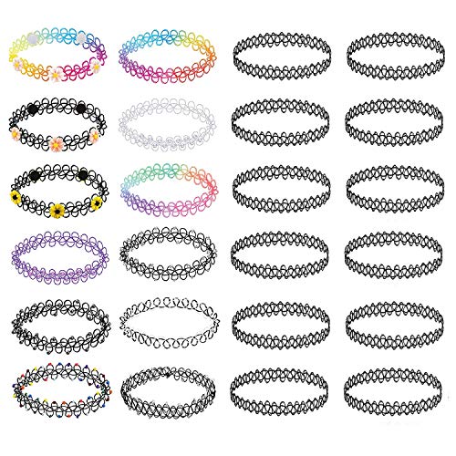 BodyJ4You 24PC Tattoo Choker Necklace - 90s Choker Necklaces Y2K Fashion Trendy Vintage - Daisy Flower Charm Colorful Rainbow Black Goth Pendant - Stretchy Elastic Necklace Summer Gift Set - color: Black, Rainbow, Pink, Purple, Green, Clear