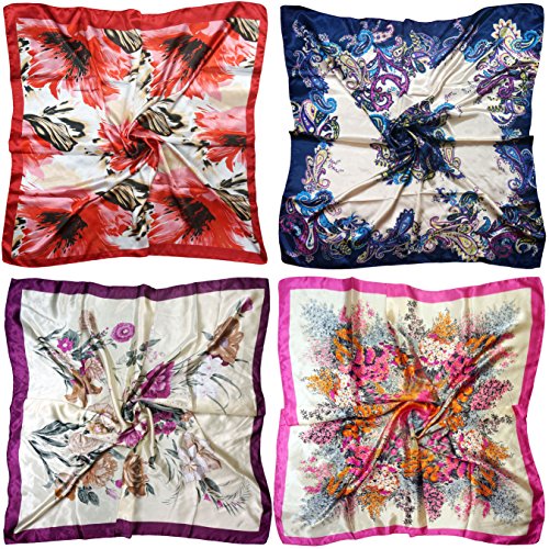 4 Pc Set Large 35 x 35 inches Satin Square Scarves Neck Hair Head Scarf Bundle - color: Set R