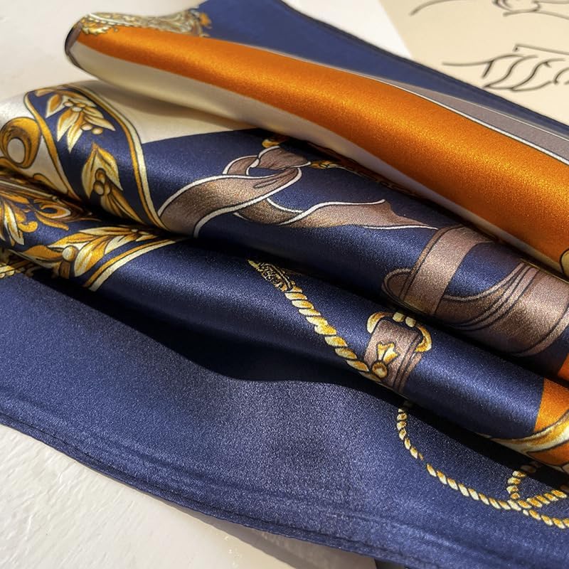 100% Mulberry Silk Neck Scarf - 21'' x 21'' Lightweight Neckerchief - Women Men Small Square Digital Printed Scarves - color: Dark Blue