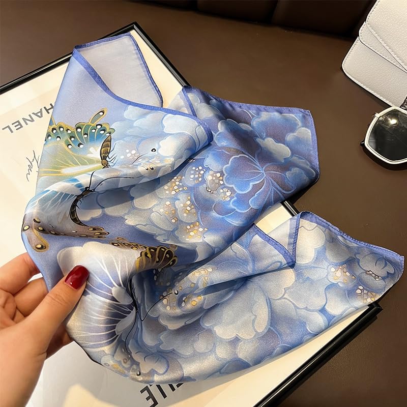 100% Mulberry Silk Neck Scarf - 21'' x 21'' Lightweight Neckerchief - Women Men Small Square Digital Printed Scarves - color: 129