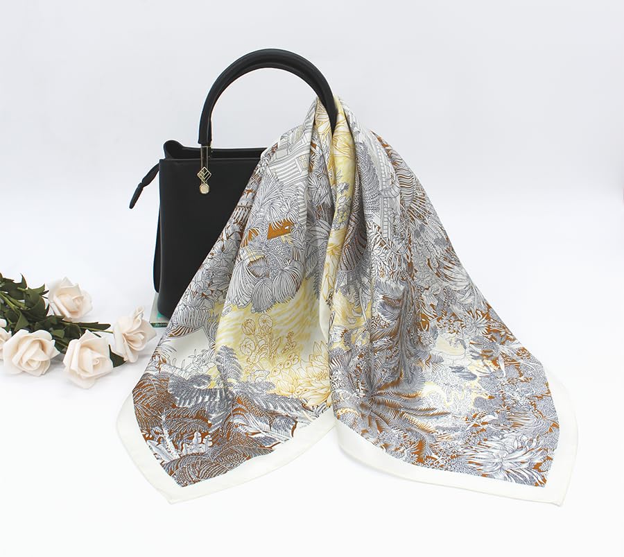 ANDANTINO 100% Mulberry Silk Square Scarf for Hair-25.6" X25.6'' Women Men Natural Silk Neckerchief Digital Printed Headscarf - color: Beige Jungle