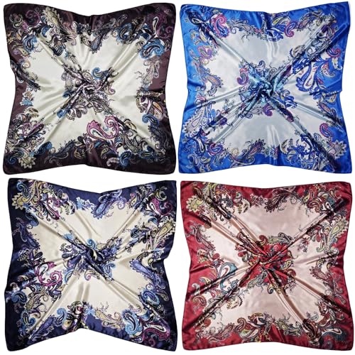 4 Pc Set Large 35 x 35 inches Satin Square Scarves Neck Hair Head Scarf Bundle - color: Set M
