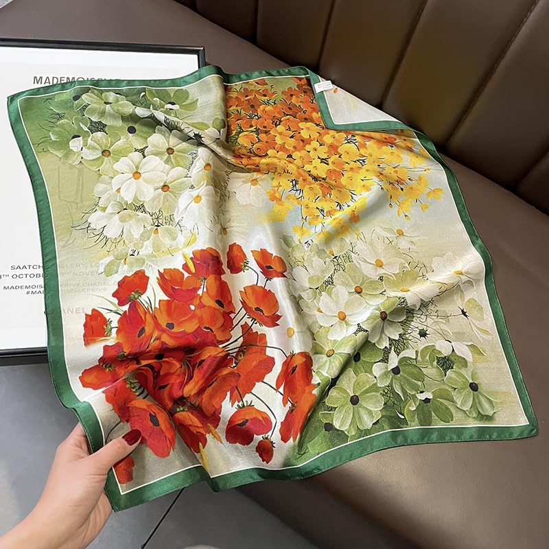 100% Mulberry Silk Neck Scarf - 21'' x 21'' Lightweight Neckerchief - Women Men Small Square Digital Printed Scarves - color: Flower005
