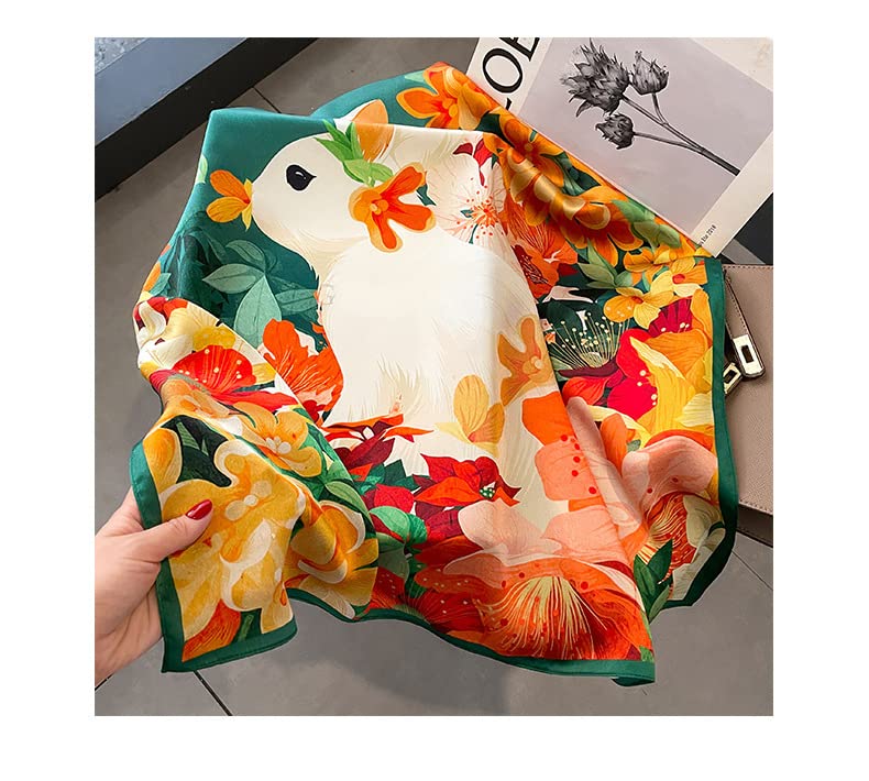 FEIBOON 100% Pure Mulberry Silk Scarfs 26"x26" Square Scarf Women Neckerchief Headscarf hair scarf bandana Gift Packed - color: Orange Green White Flowers