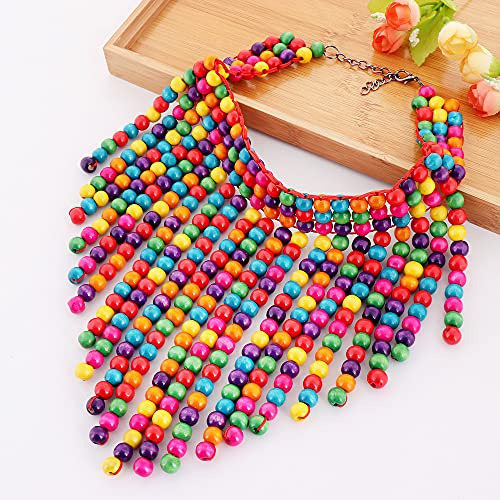 COLORFUL BLING Boho African Wooden Beaded Bib Statement Choker Necklace Long Multi Strand Chunky Layered Collar Tassel Necklace for Women Handmade Jewelry - color: yellow mix