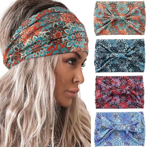 Acenail Wide Headbands Women Boho Turban Knotted Headband Floral Elastic Non Slip Hairband Workout Yoga Head Scarfs Bohemian Headwraps Fashion Hair Accessories for Women 4Pcs (Floral) - color: Floral