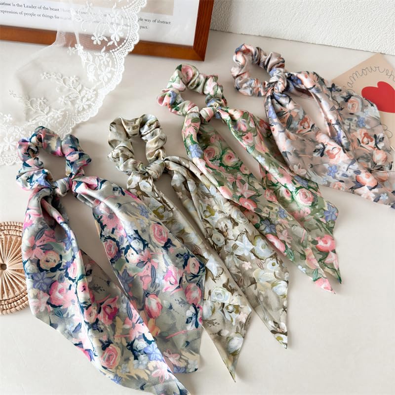 Boho Hair Scarf Scrunchies for Women Bow Hair Ties Floral Hair Scrunchies Silk Elastic Ponytail Holder Hair Accessories for Girls 4 pcs (Flower-4) - color: Flower-4