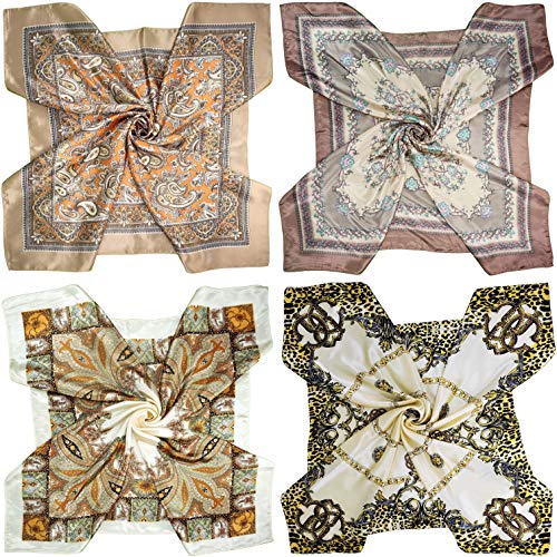 4 Pc Set Large 35 x 35 inches Satin Square Scarves Neck Hair Head Scarf Bundle - color: Set Y16