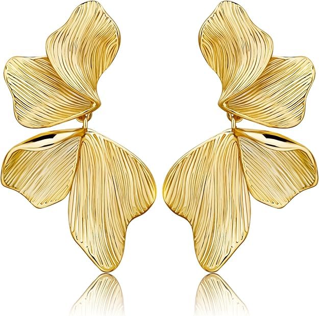 Gold Statement Earrings For Women 18K Gold Plated Sectored Flower Leaf Shell Angel Wing Earring Large Stud Earrings Hypoallergenic Stud - color: Large flower earrings