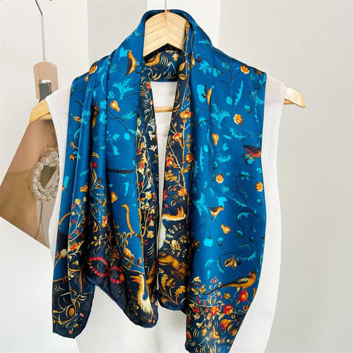 100% Pure Mulberry Silk Scarf 43”*43” Large Square Lightweight Headscarf Women’s Hair Wraps Shawls with Gift Packed - color: Blue Flower Bird