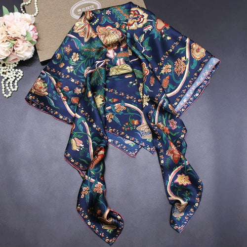 100% Pure Mulberry Silk Scarf 43”*43” Large Square Lightweight Headscarf Women’s Hair Wraps Shawls with Gift Packed - color: Dark Blue