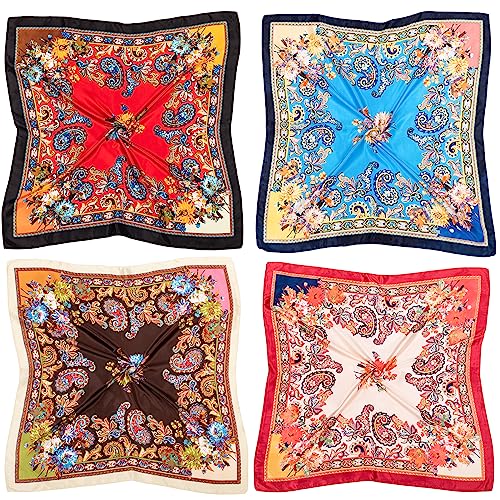 HBselect 4PCS Head Scarf for Women 35” Head Scarves Silk Like Satin Neck Scarfs Square Bandana Hair Wraps Scarf for Sleeping - color: Red, Blue, Brown, Beige