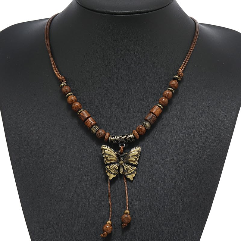 Leather Necklace with Stainless Steel Pendant for Men Women, Vintage Hemp Rope Tribal Choker Necklaces Adjustable 18-30 inch, Clasp-Free Long Necklace - color: Butterfly Pendant