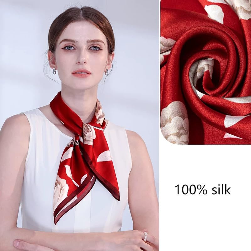 ANDANTINO 100% Mulberry Silk Square Scarf for Hair-25.6" X25.6'' Women Men Natural Silk Neckerchief Digital Printed Headscarf - color: Floral-burgundy