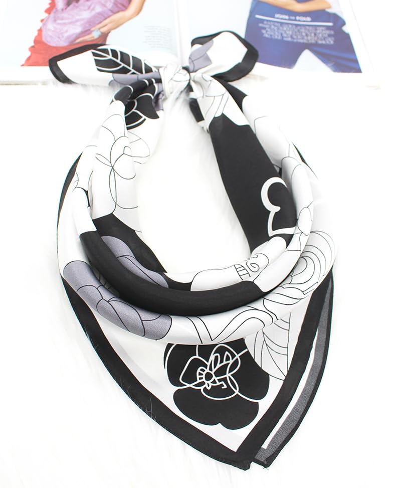 ANDANTINO 100% Mulberry Silk Square Scarf for Hair-25.6" X25.6'' Women Men Natural Silk Neckerchief Digital Printed Headscarf - color: Black&white Camellia