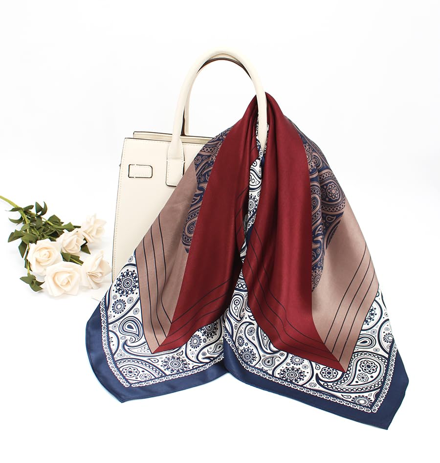 ANDANTINO 100% Mulberry Silk Square Scarf for Hair-25.6" X25.6'' Women Men Natural Silk Neckerchief Digital Printed Headscarf - color: Burgundy&navy