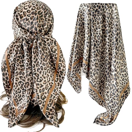 Women's Silky Satin Large Head Scarf Leopard/Paisley Neck Scarves Square Hair Wrapping Sleeping Bandana 35in - color: Coffee-leopard-s