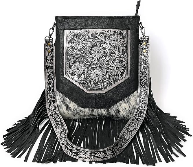 Merbaa Berlin hand-carved Fringed Shoulder Bag Natural Cowhide Hand Bag with Floral Hand Tooling - color: Black