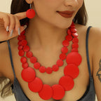 Chunky Wood Beaded Necklace Earrings Set African Tribal Collar Choker Necklace Geometric Ethnic Statement Jewelry - color: red