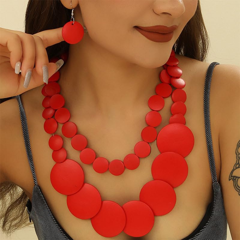 Chunky Wood Beaded Necklace Earrings Set African Tribal Collar Choker Necklace Geometric Ethnic Statement Jewelry - color: red