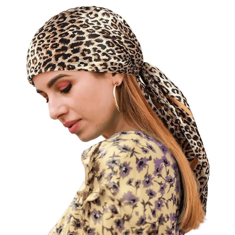 INOGIH 35'' Leopard-Print Satin-Bandana-Headscarf - Light Head Wraps Neck Face Scarves Cover for Women - color: Light Khaki