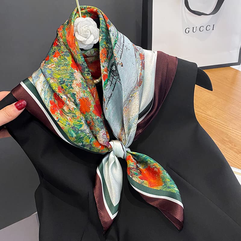 FEIBOON 100% Pure Mulberry Silk Scarfs 26"x26" Square Scarf Women Neckerchief Headscarf hair scarf bandana Gift Packed - color: Flower Sea Oil Painting