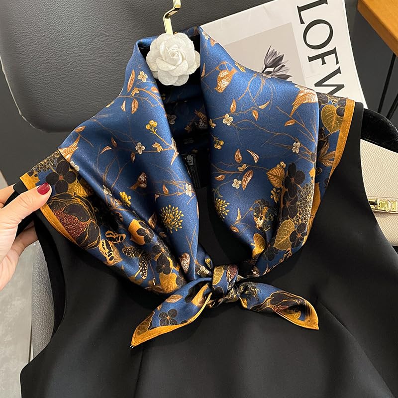 FEIBOON 100% Pure Mulberry Silk Scarfs 26"x26" Square Scarf Women Neckerchief Headscarf hair scarf bandana Gift Packed - color: Blue Flowers