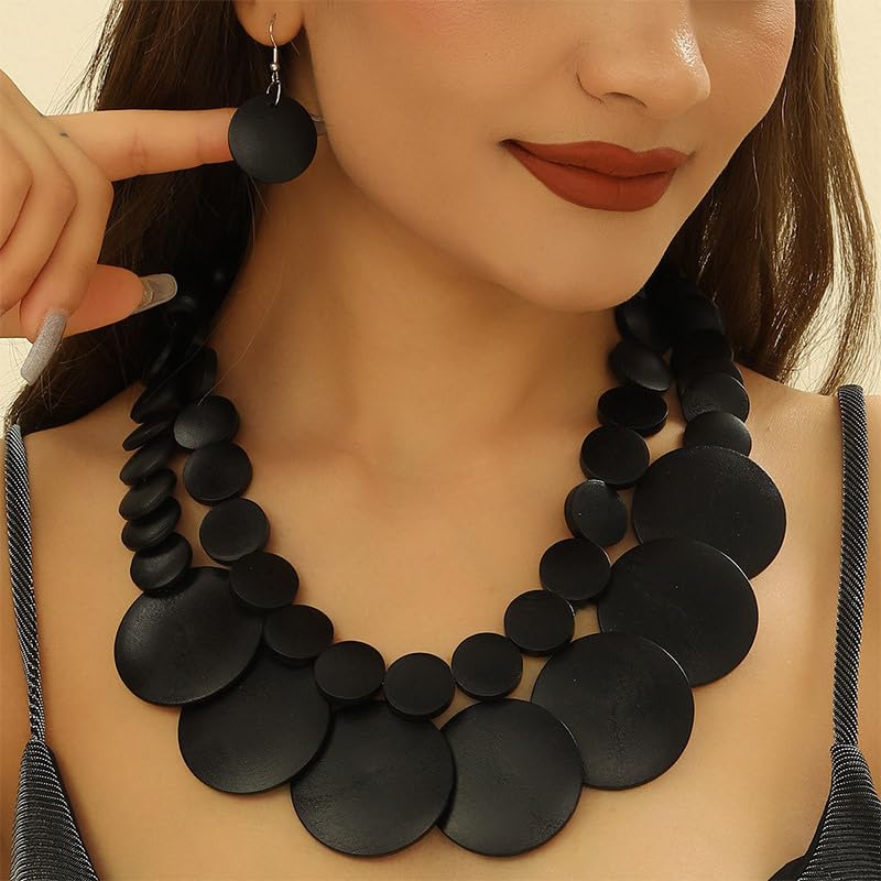 Chunky Wood Beaded Necklace Earrings Set African Tribal Collar Choker Necklace Geometric Ethnic Statement Jewelry - color: black