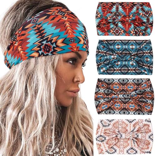 Acenail Wide Headbands Bohemian Head Wraps Floral Printed Knotted Head Bands Turban Elastic Non Slip Hairbands Yoga Workout Head Scarfs Boho Hair Accessories for Women 4Pcs (Chic) - color: Chic