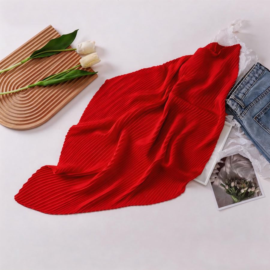 Women Fashion Pleated Chiffon scarf Neckerchief Headscarf - color: Pure Red
