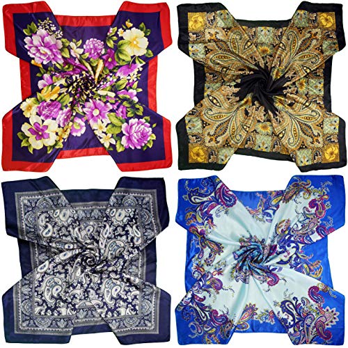 4 Pc Set Large 35 x 35 inches Satin Square Scarves Neck Hair Head Scarf Bundle - color: Set Y19