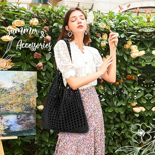 EIMMBD Crochet Bags for Women Beach Totes Bags Aesthetic Summer Tote Shoulder Hippie Bag Knit Bag - color: Standard Black-b