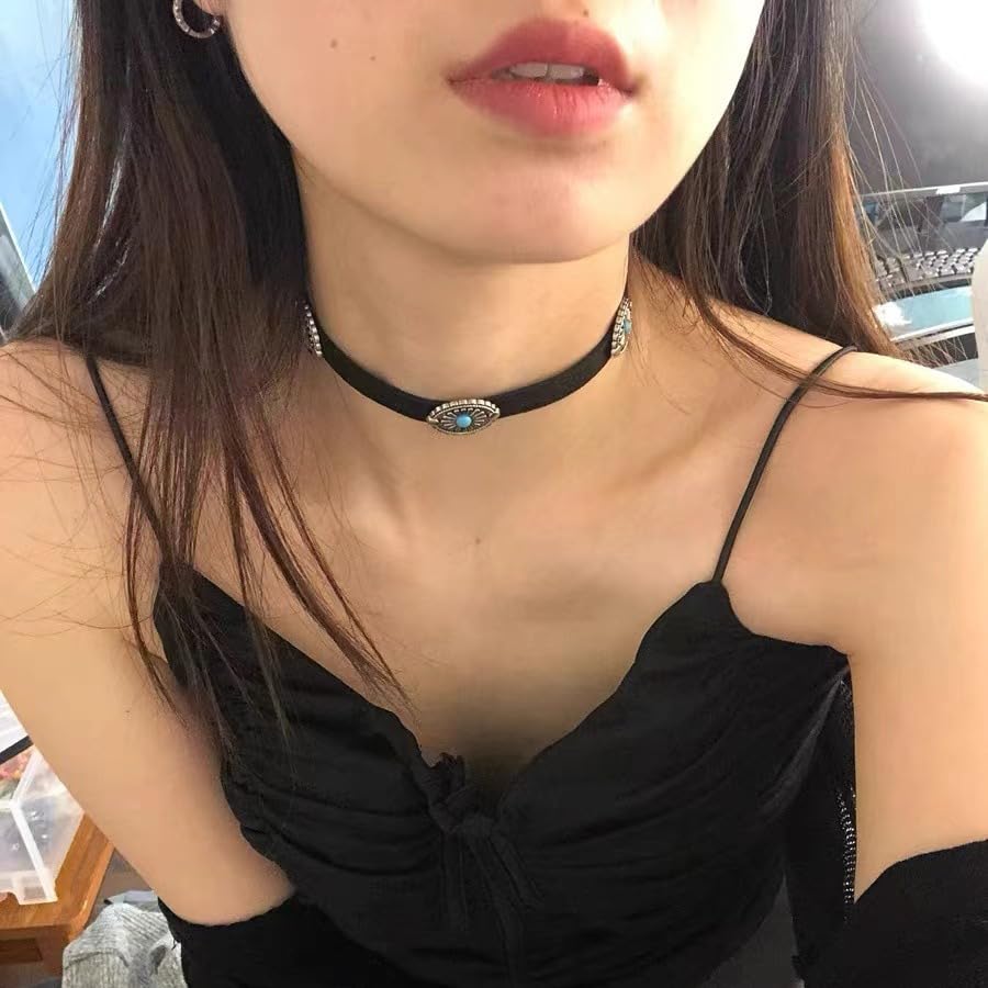 Western Turquoise Choker Necklace for Women Gothic Black Choker Necklaces Boho Summer Cowgirl Rodeo Country Concert Outfits Jewelry Accessories - color: Black Turquoise