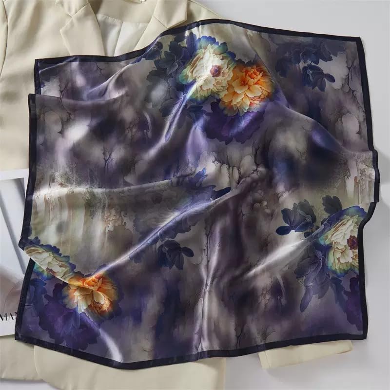 ANDANTINO 100% Mulberry Silk Square Scarf for Hair-25.6" X25.6'' Women Men Natural Silk Neckerchief Digital Printed Headscarf - color: Flowers-purple