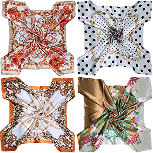 4 Pc Set Large 35 x 35 inches Satin Square Scarves Neck Hair Head Scarf Bundle - color: Set G