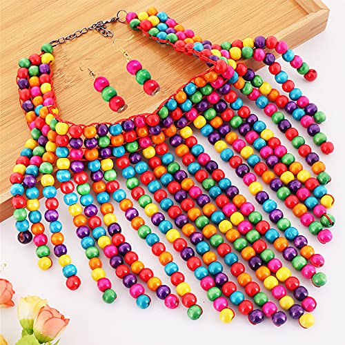 COLORFUL BLING Boho African Wooden Beaded Bib Statement Choker Necklace Long Multi Strand Chunky Layered Collar Tassel Necklace for Women Handmade Jewelry - color: yellow mix