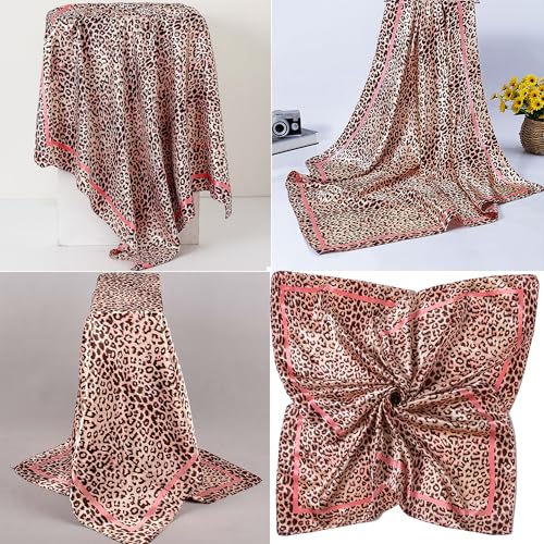 IZUS Women Fashion Leopard-Head-Scarf 35 inch-Large-Square Hair-Scarves Silk-Satin-Like Neck-Bandana Sleeping-Head-Wraps - color: Leopard-pink