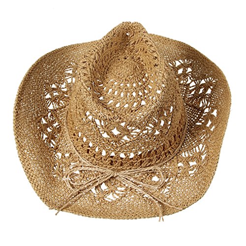 Men & Women's Summer Cowboy Cowgirl Straw Hat Hollow Out Woven Roll Up Wide Brim Sun Hat with Chin Strap - color: Camel