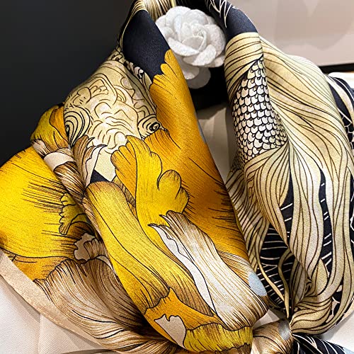FEIBOON 100% Pure Mulberry Silk Scarfs 26"x26" Square Scarf Women Neckerchief Headscarf hair scarf bandana Gift Packed - color: Black+yellow Flowers