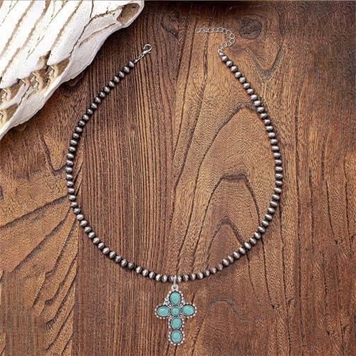 coadipress Navajo Pearl Necklace Western Jewelry for Women Boho Beaded Choker Necklaces Vintage Turquoise Pendant Cowgirl Necklace - style: Cross