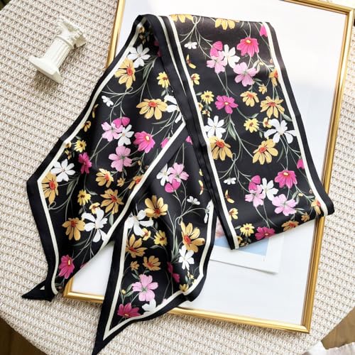 Silk Head Scarf for Hair Fashion Headwrap for Women Lightweight Neck Tie - color: X002-yellow & Pink Flowers