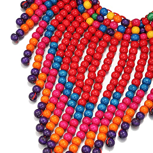 COLORFUL BLING Boho African Wooden Beaded Bib Statement Choker Necklace Long Multi Strand Chunky Layered Collar Tassel Necklace for Women Handmade Jewelry - color: red mix