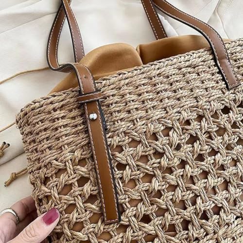 Stylish Boho Straw Tote Bag Hand-woven Purse Beach Handbag Summer Shoulder Bag With Adjustable Strap - color: Khaki