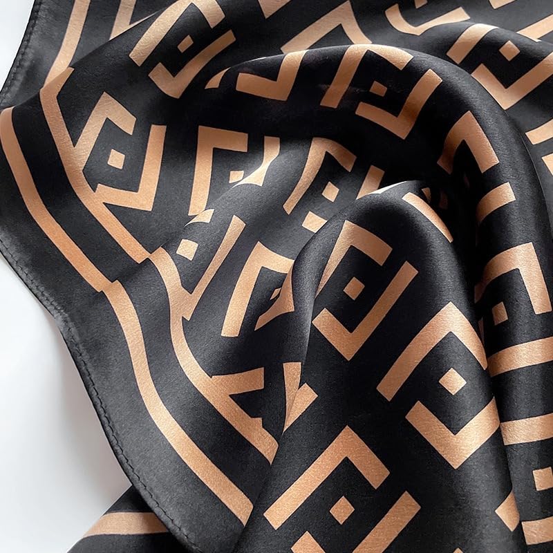 ANDANTINO 100% Mulberry Silk Square Scarf for Hair-25.6" X25.6'' Women Men Natural Silk Neckerchief Digital Printed Headscarf - color: Black&brown