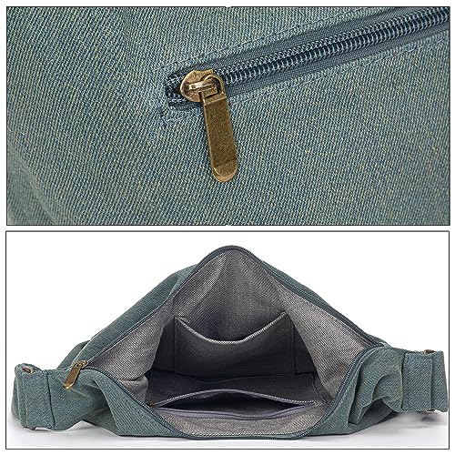 Coton Pose Women Hippie Crossbody Bag - Top Zip Large Capacity Canvas Sling Bag - Jacquard Cloth Handmade - color: Denim Green