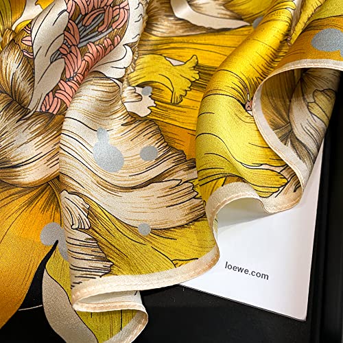 FEIBOON 100% Pure Mulberry Silk Scarfs 26"x26" Square Scarf Women Neckerchief Headscarf hair scarf bandana Gift Packed - color: Black+yellow Flowers