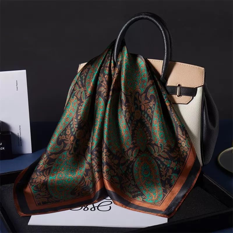 ANDANTINO 100% Mulberry Silk Square Scarf for Hair-25.6" X25.6'' Women Men Natural Silk Neckerchief Digital Printed Headscarf - color: Paisley-brown&black