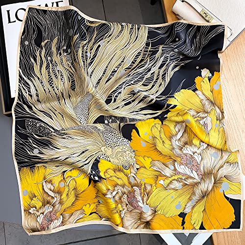 FEIBOON 100% Pure Mulberry Silk Scarfs 26"x26" Square Scarf Women Neckerchief Headscarf hair scarf bandana Gift Packed - color: Black+yellow Flowers
