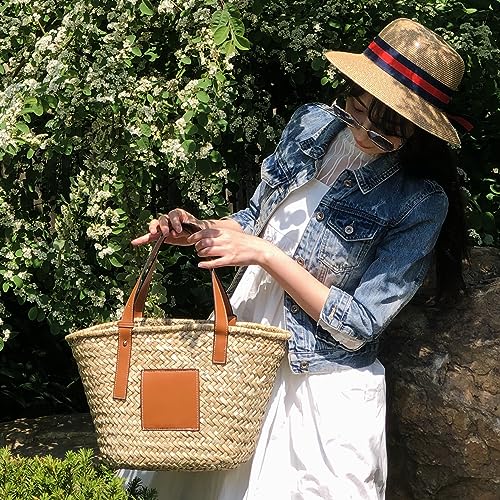 Straw Basket Tote Bag for Women PU Leather Strap Hollow Woven Top Handle Straw Purses and Handbags - color: Brown-14in-medium