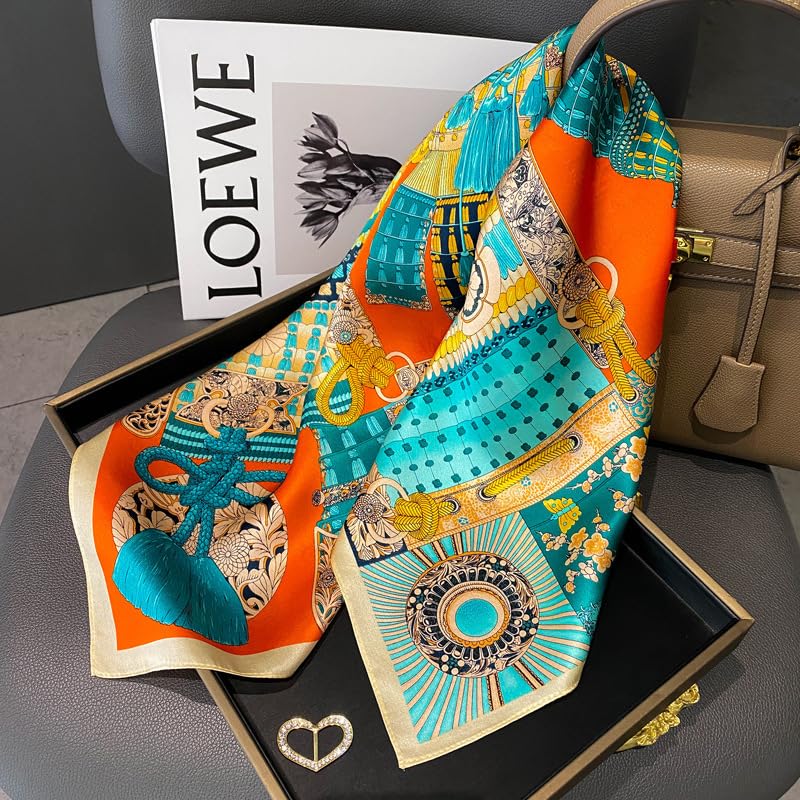 FEIBOON 100% Pure Mulberry Silk Scarfs 26"x26" Square Scarf Women Neckerchief Headscarf hair scarf bandana Gift Packed - color: Orange Green Classic